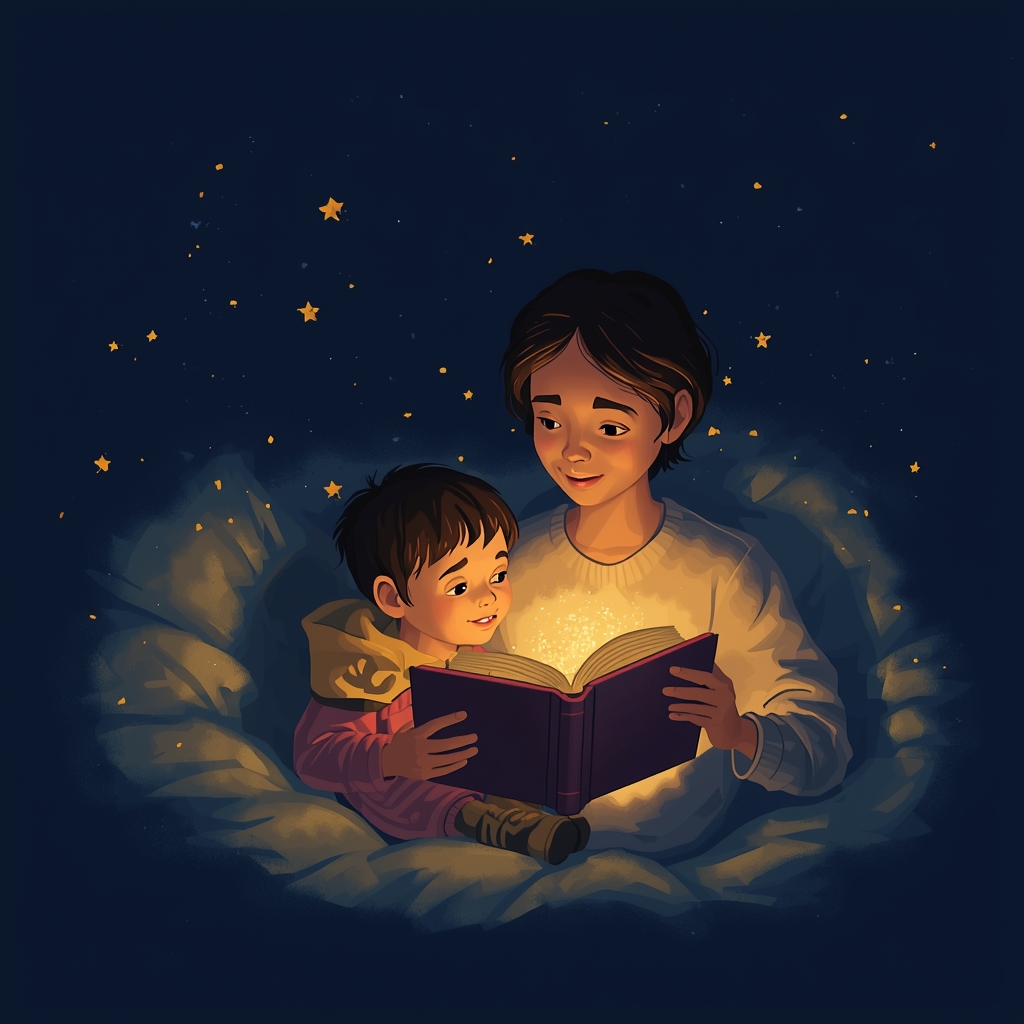 Mãe lendo história para filho